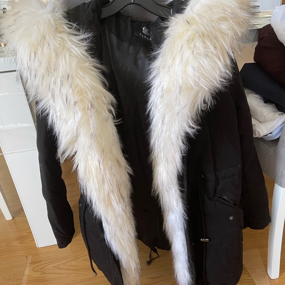 Long Sleeve Zipper Pockets Faux Fur Collar Coat